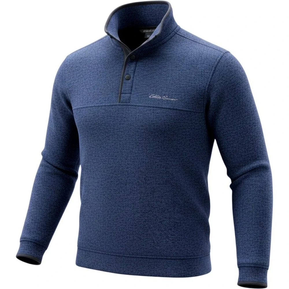 Eddie Bauer Sweater Mens Small Pullover Fleece Blue Snap Button EUC